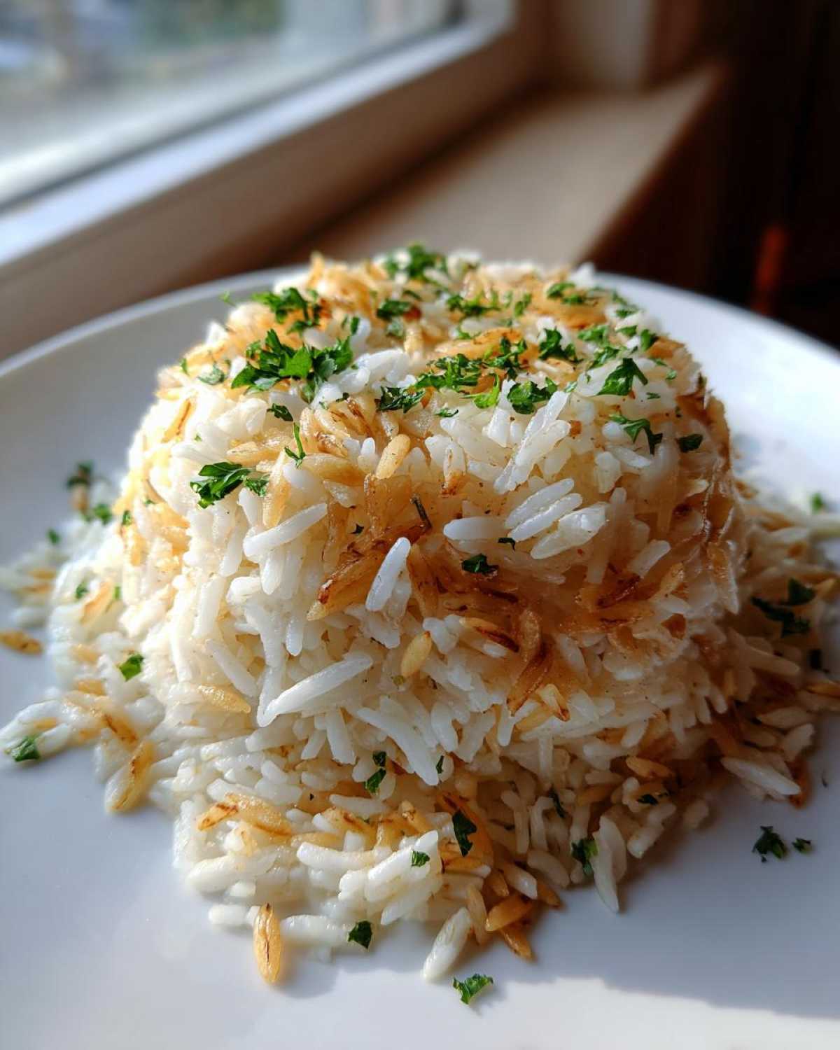 A mound of fluffy rice pilaf mixed with toasted vermicelli and topped with fresh chopped parsley.