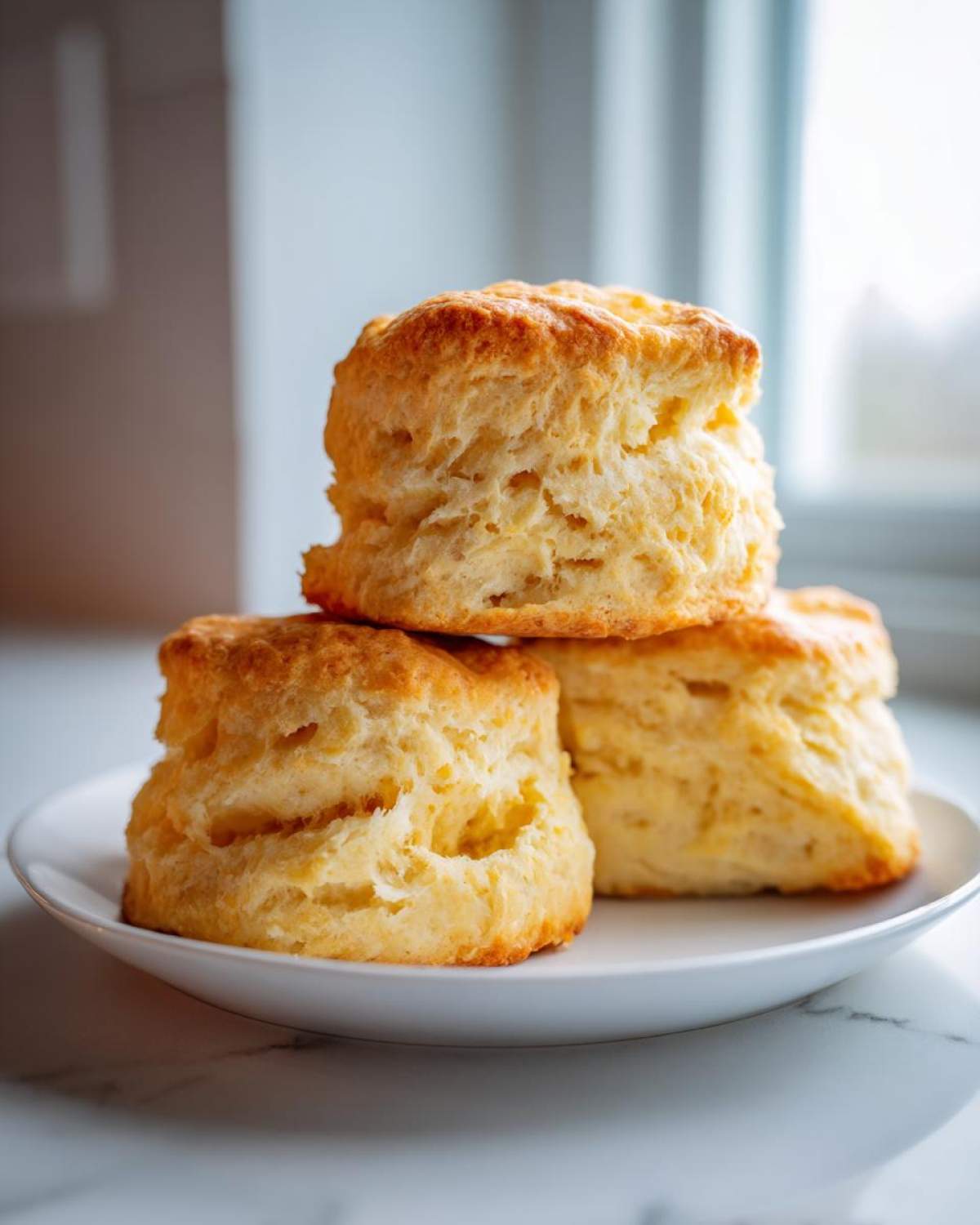 Three tall, golden-brown, flaky scones stacked on a white plate, showcasing their buttery layers.