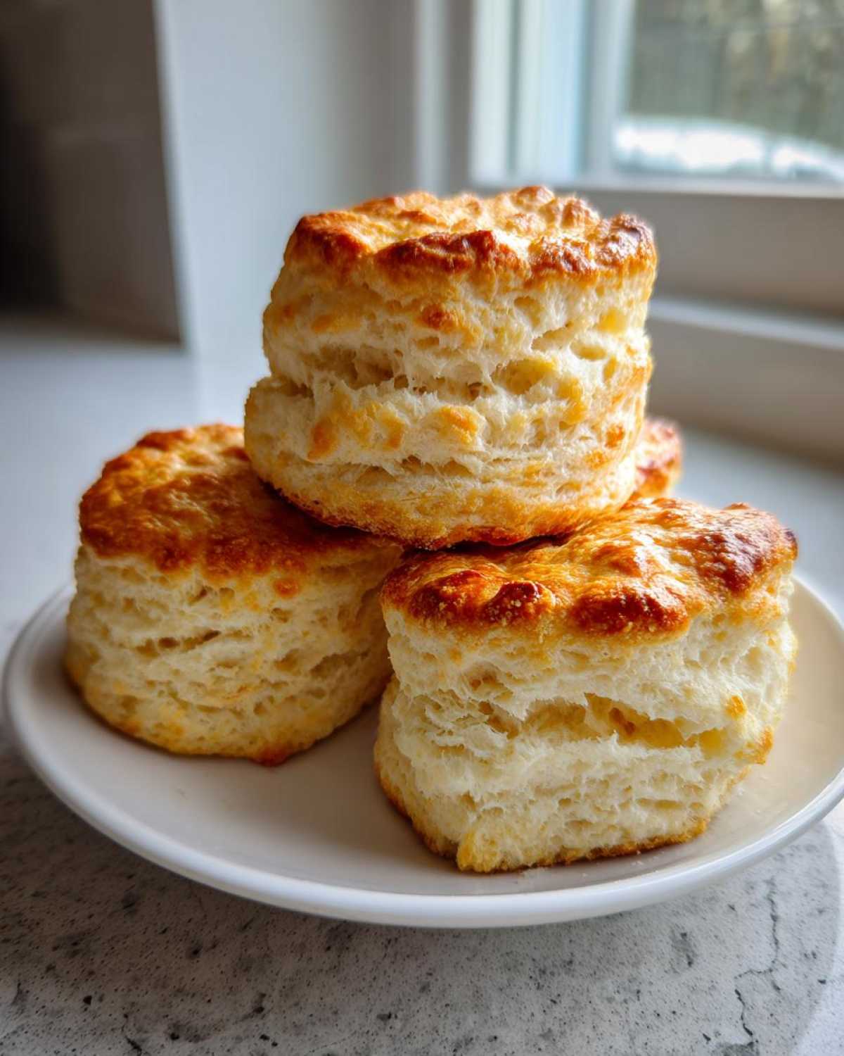 A stack of three tall, fluffy scones with golden-brown tops showing distinct layers, sitting on a white plate.