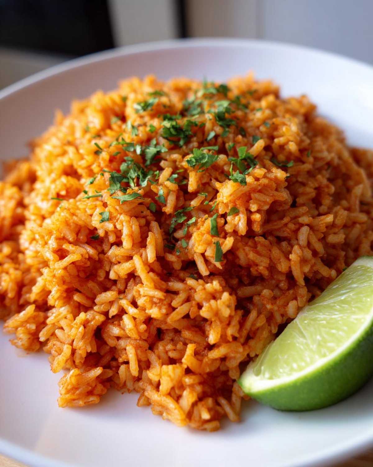 Close-up of a mound of fluffy, orange-red Spanish rice garnished with chopped parsley and a fresh lime wedge.