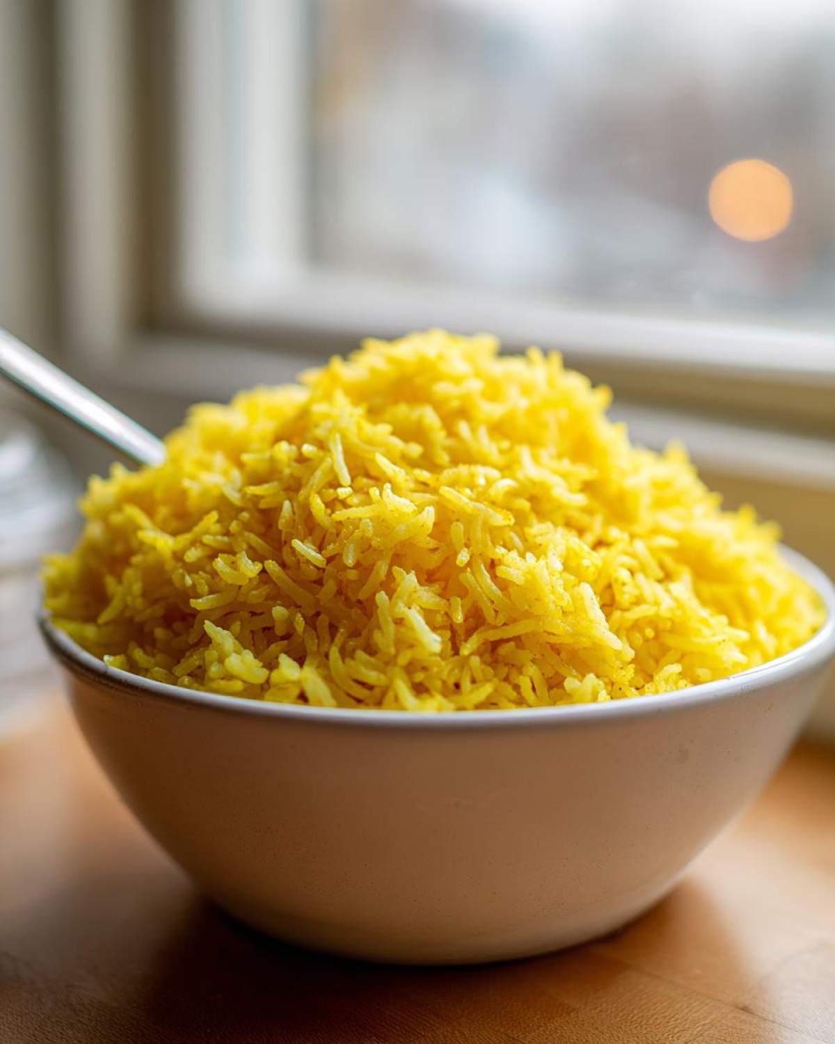 A close-up of a white bowl overflowing with bright yellow turmeric rice, with a serving spoon visible.