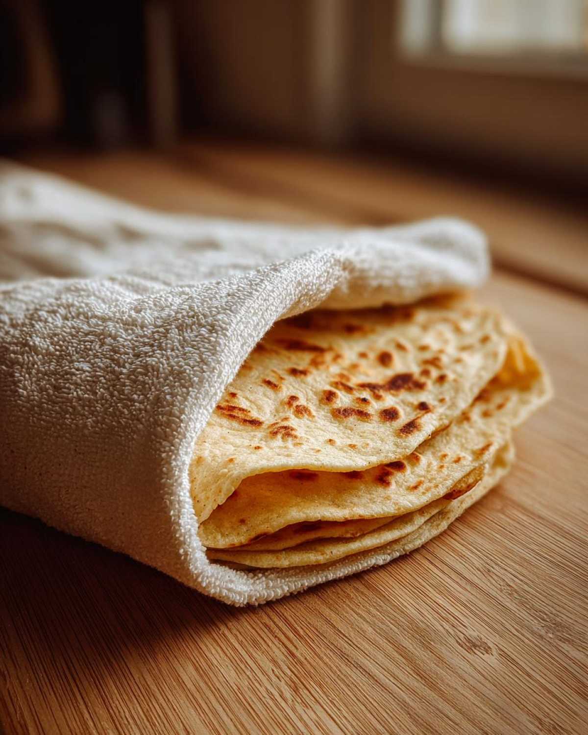 A stack of warm, freshly cooked corn tortillas wrapped in a white cloth on a wooden surface.