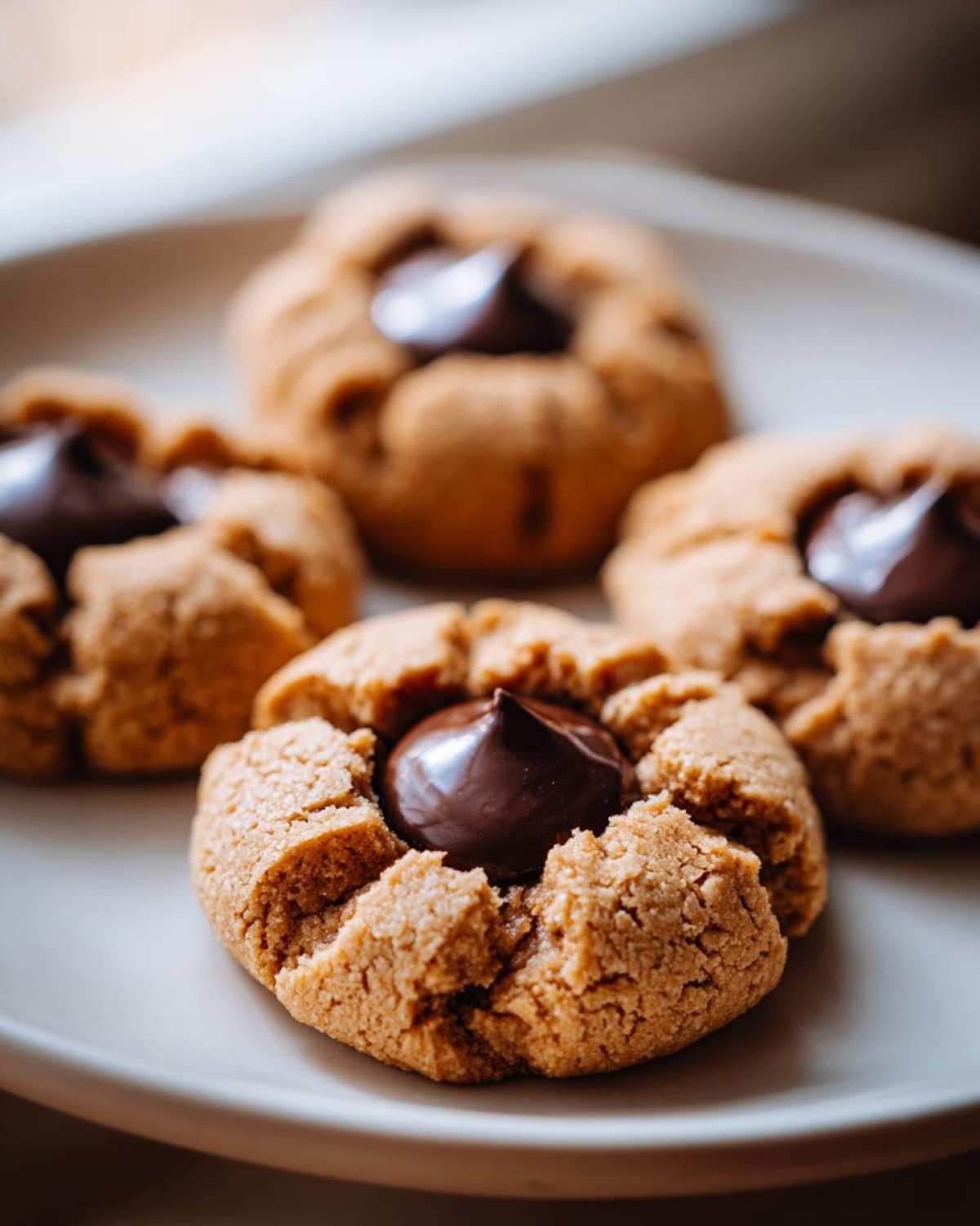 Four delicious peanut butter blossom cookies with a melted chocolate kiss center resting on a white plate.