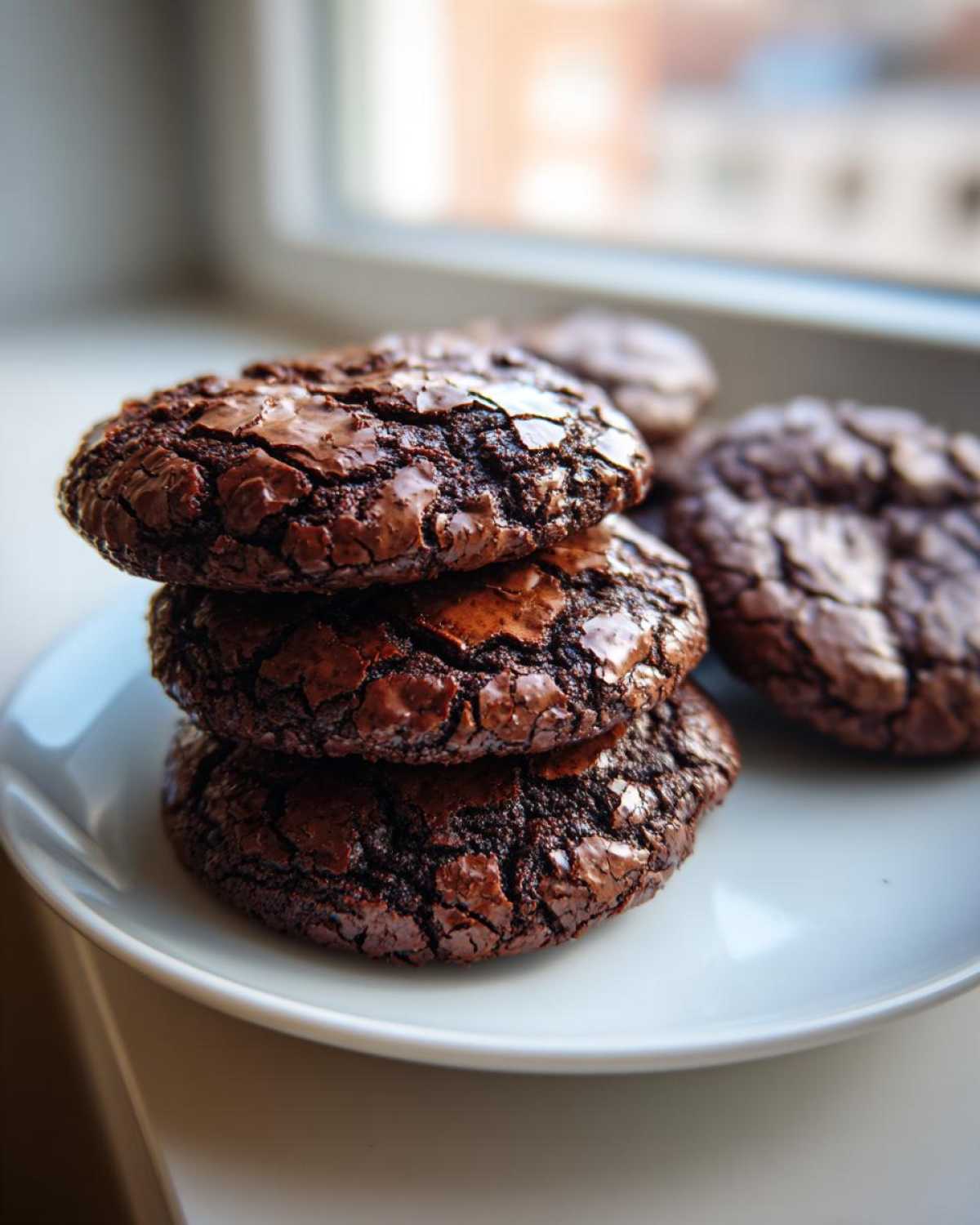 A stack of three rich, dark chocolate brownie cookies with cracked tops, resting on a white plate.