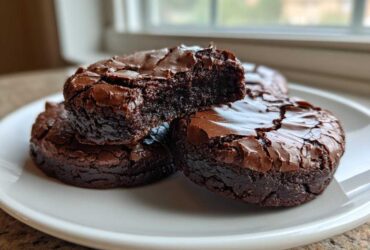 A stack of rich, fudgy chocolate brownie cookies with cracked tops, one broken open to show the gooey center.