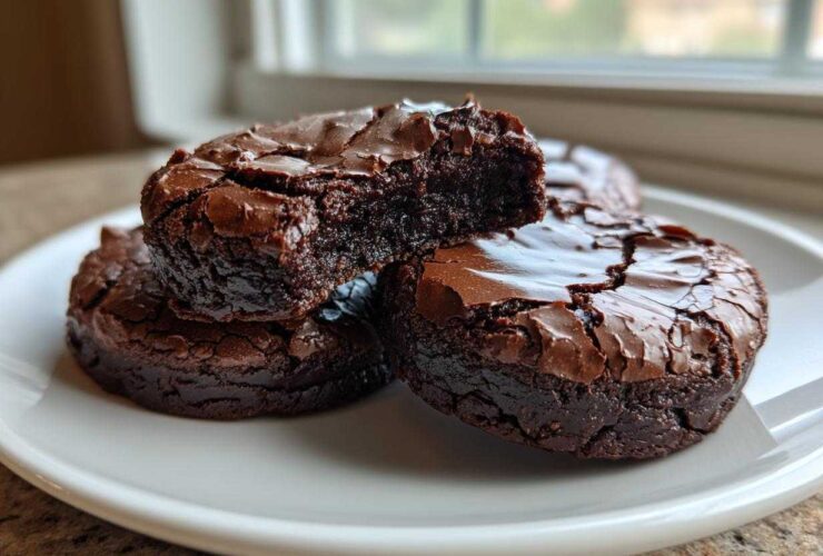A stack of rich, fudgy chocolate brownie cookies with cracked tops, one broken open to show the gooey center.