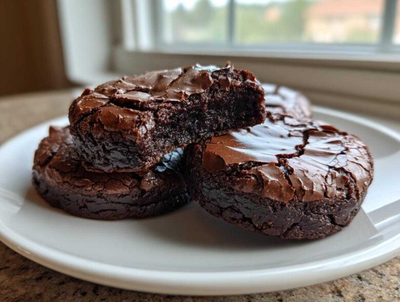 A stack of rich, fudgy chocolate brownie cookies with cracked tops, one broken open to show the gooey center.