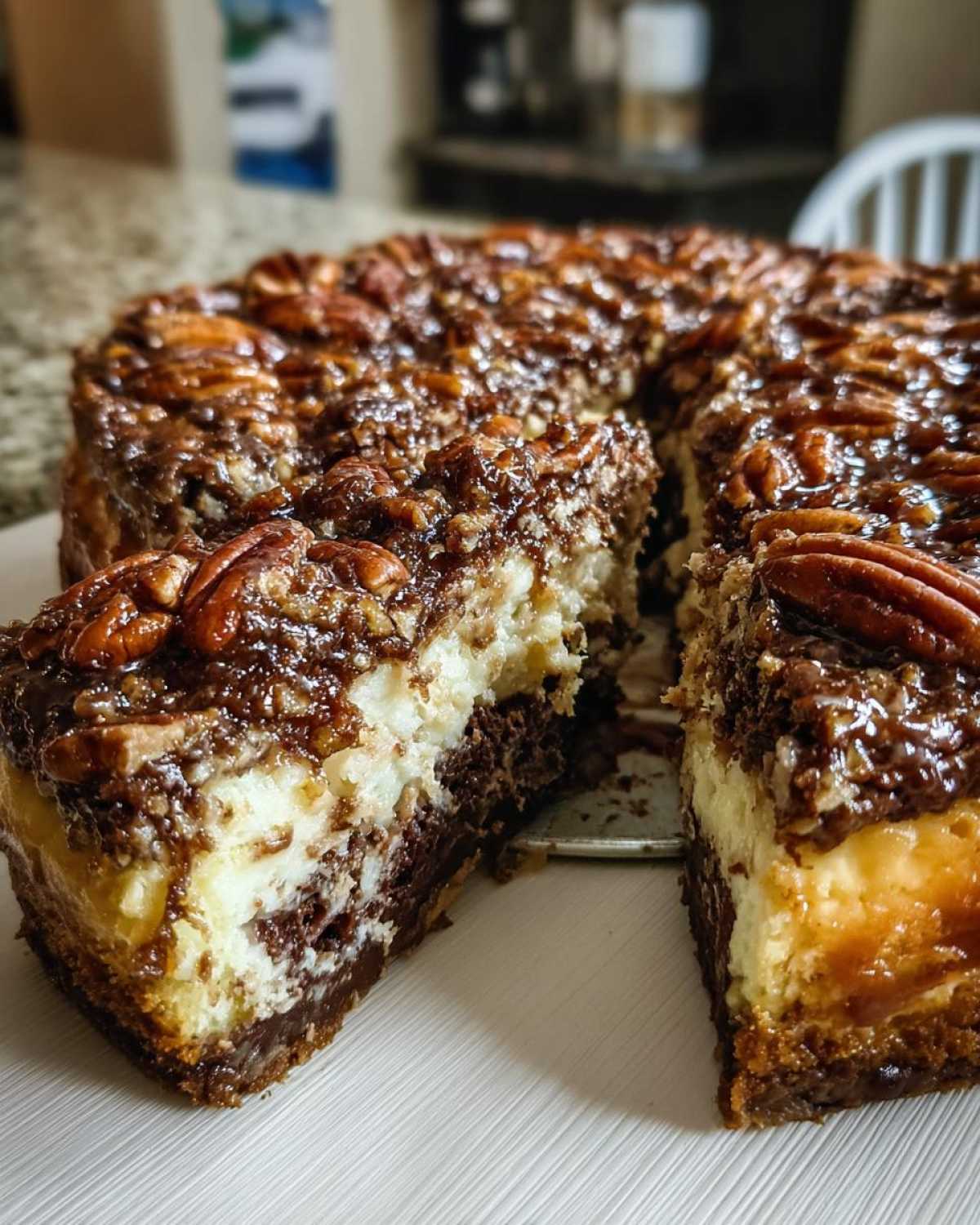 A slice being removed from a rich German chocolate cheesecake topped with gooey caramel and whole pecans.