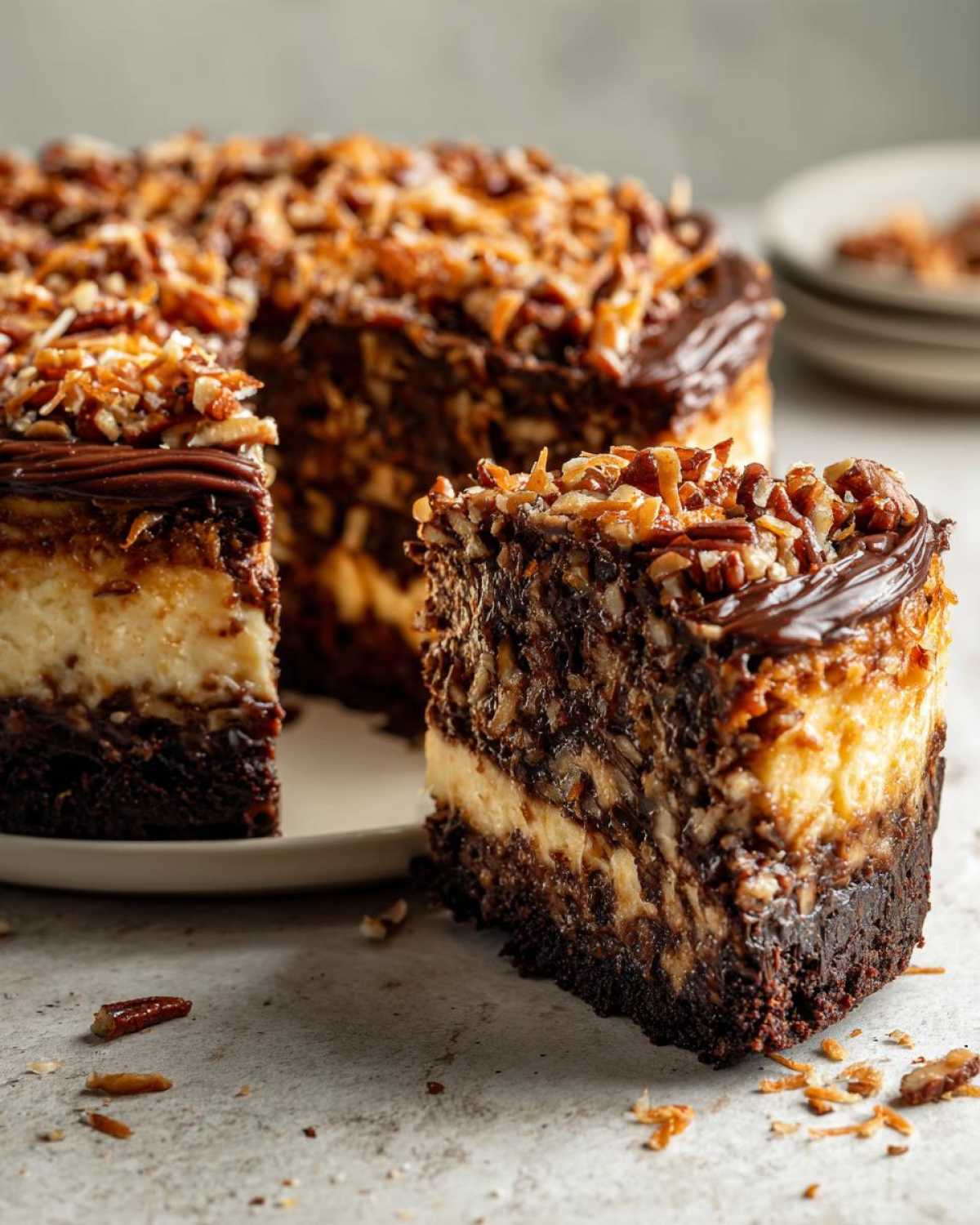 A decadent slice of german chocolate cheesecake showing layers of chocolate crust, cream cheese filling, and coconut pecan topping.