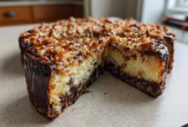 A slice cut from a rich german chocolate cheesecake showing the creamy filling and pecan coconut topping.