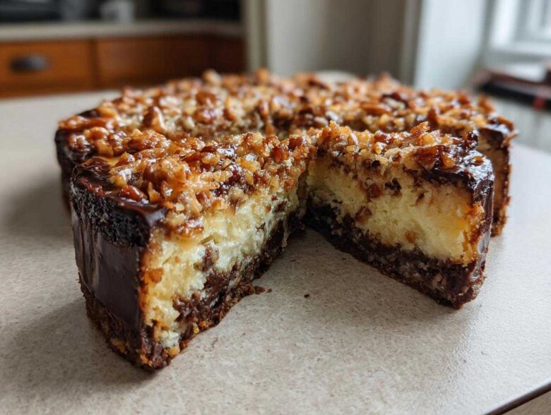 A slice cut from a rich german chocolate cheesecake showing the creamy filling and pecan coconut topping.