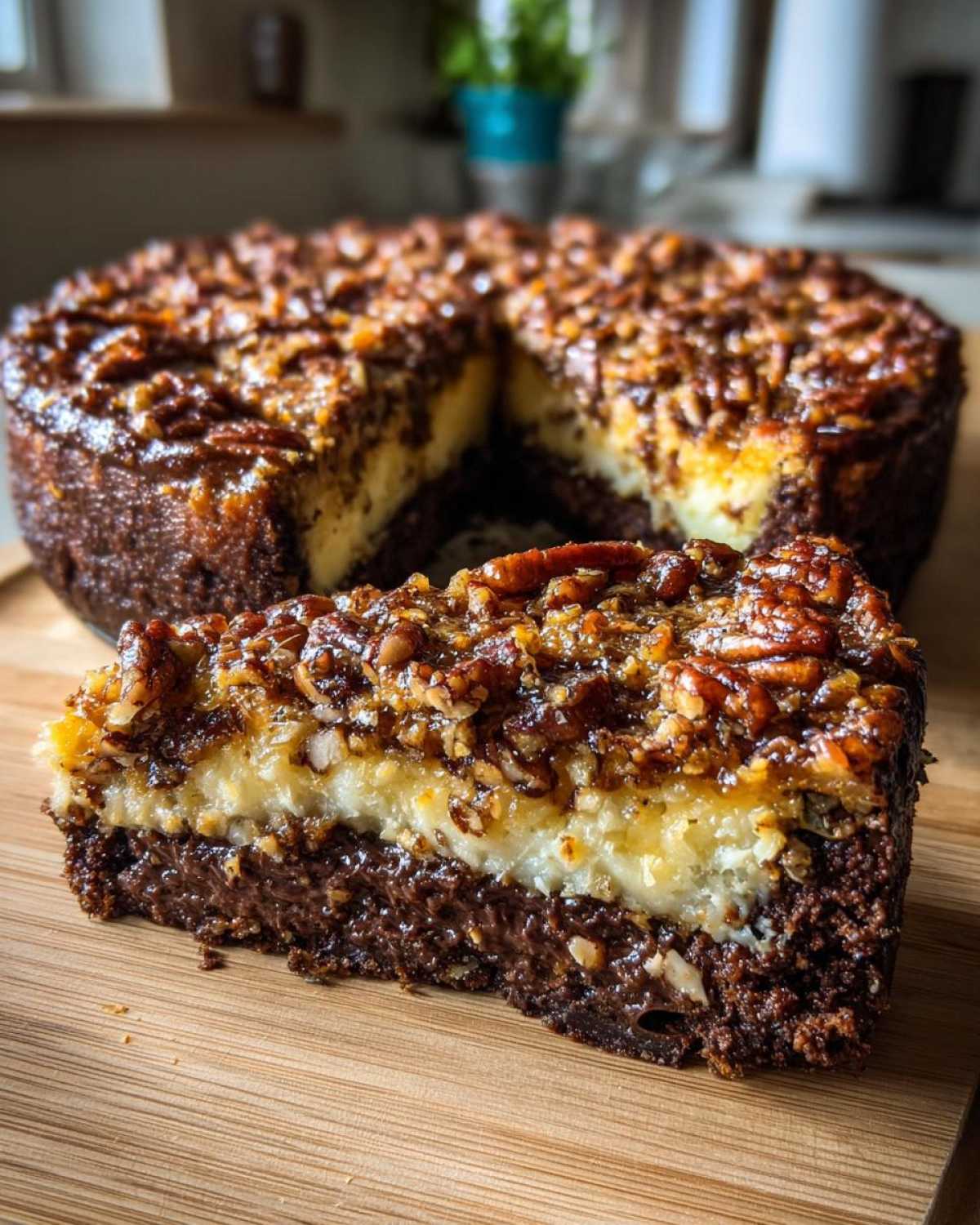 A slice of german chocolate cheesecake showing a dark chocolate base, creamy filling, and pecan topping.
