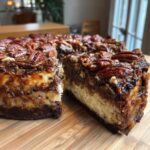 A rich slice cut from a German chocolate cheesecake topped generously with glazed pecans.