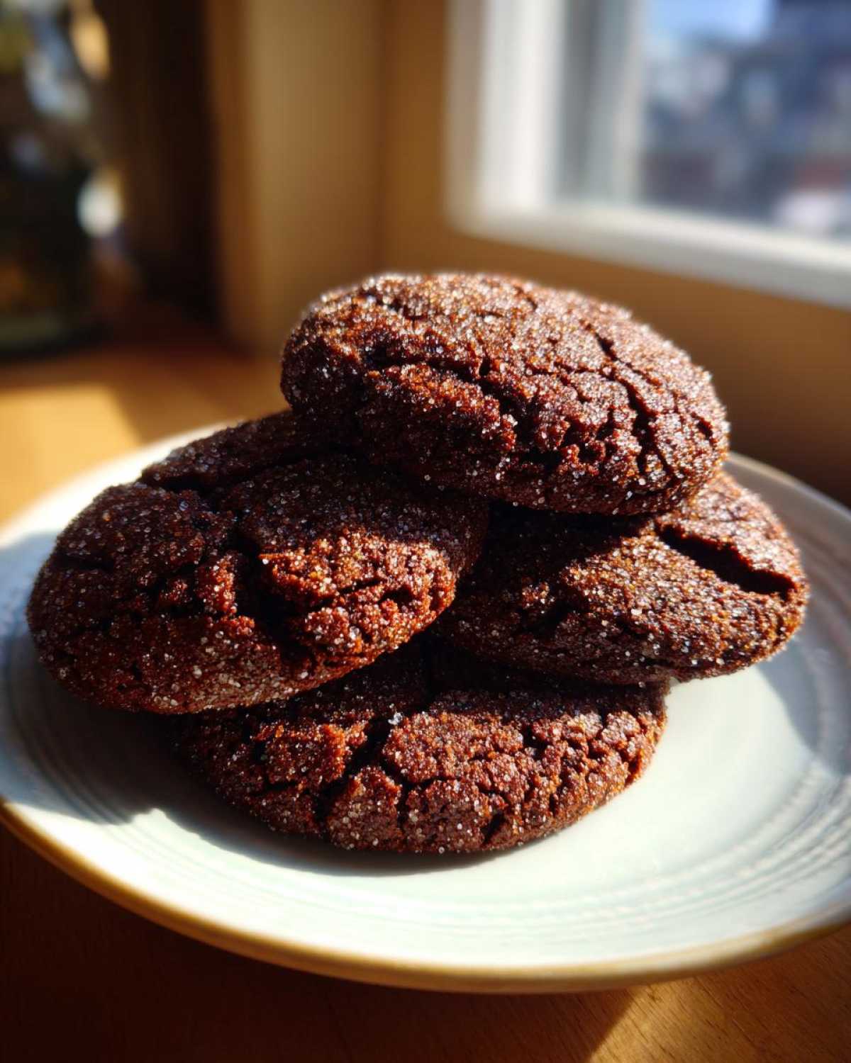 A stack of four dark, crinkled ginger molasses cookies generously coated in sparkling sugar, sitting on a light plate.