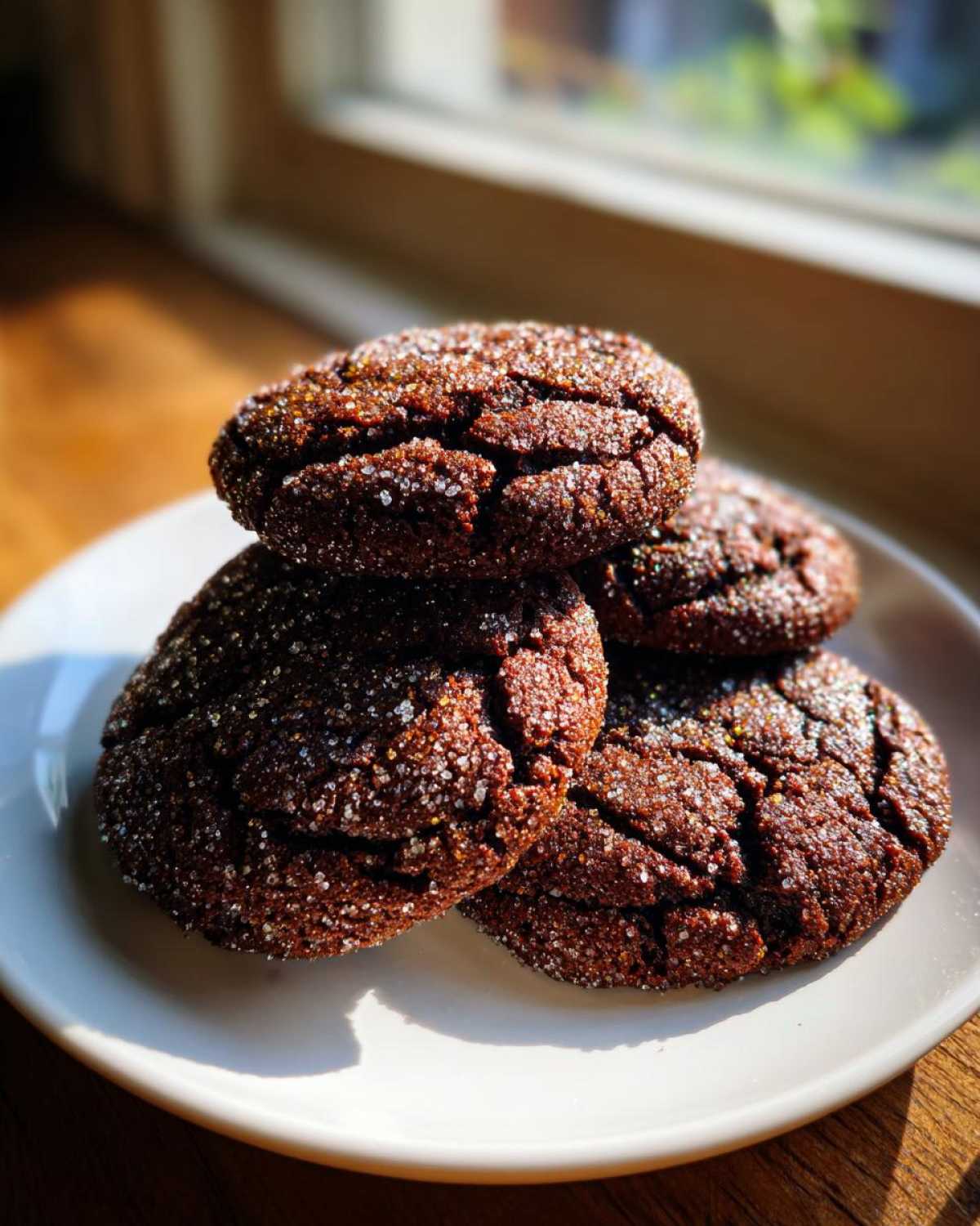 Four dark, crinkled ginger molasses cookies coated in sugar resting on a white plate near a window.