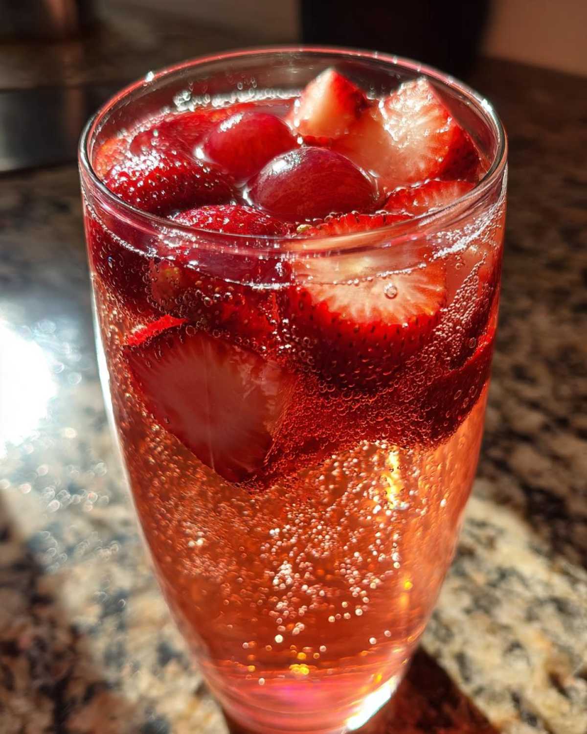 Close-up of a glass filled with bubbly, pink champagne punch garnished with sliced strawberries and grapes.