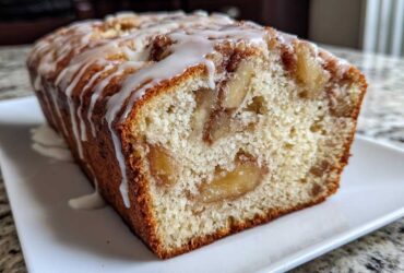 A freshly baked loaf of apple fritter bread, sliced to show soft interior and topped with white glaze.