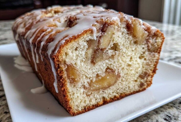 A freshly baked loaf of apple fritter bread, sliced to show soft interior and topped with white glaze.