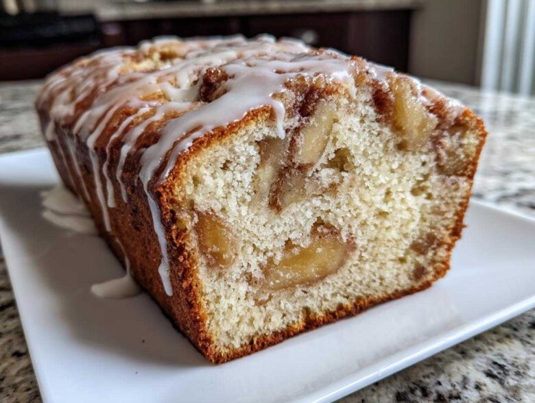 A freshly baked loaf of apple fritter bread, sliced to show soft interior and topped with white glaze.