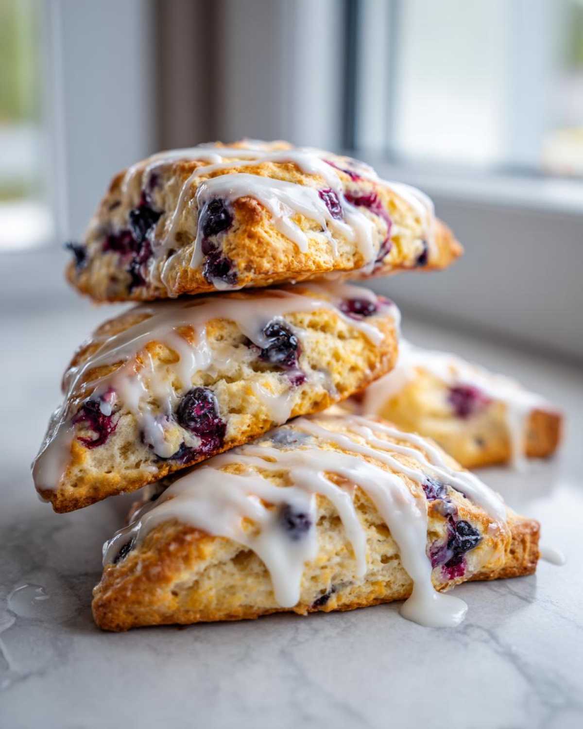 A stack of three flaky blueberry scones drizzled with thick white glaze, featuring visible blueberries.