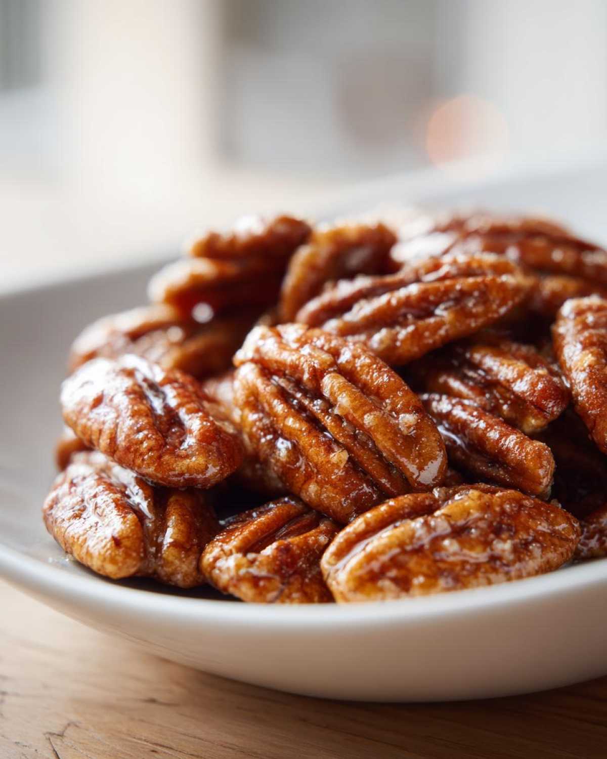 Close-up shot of glossy, brown candied pecans piled high in a shallow white bowl.