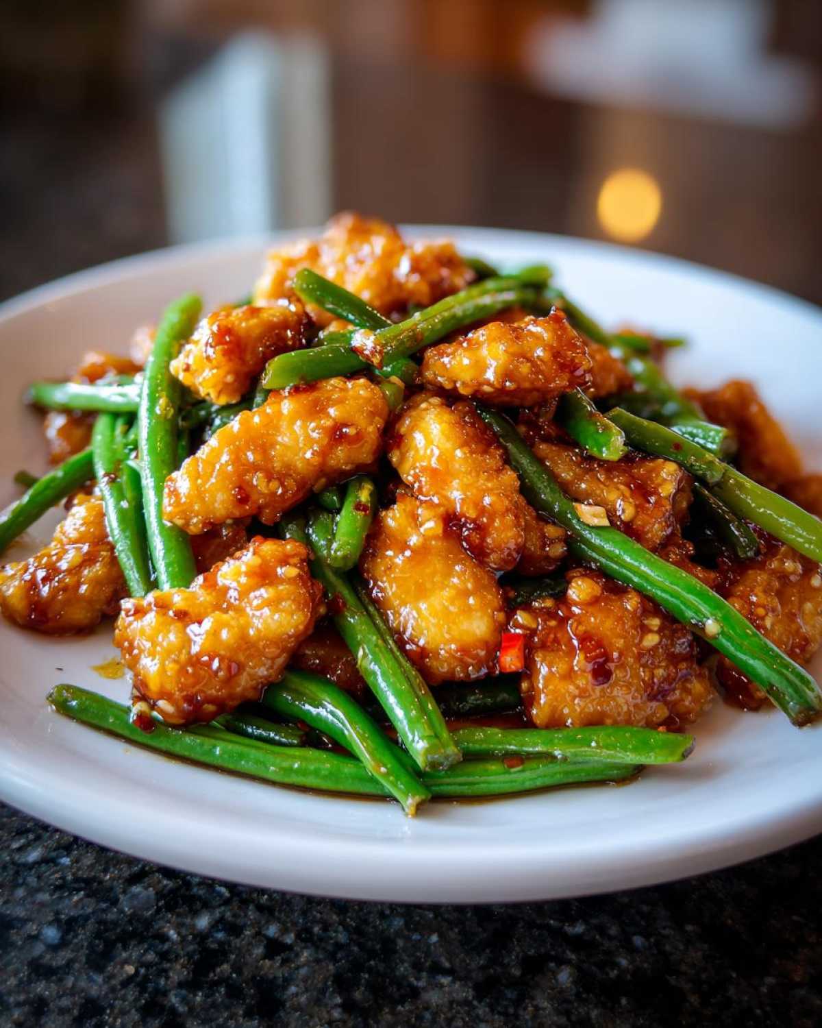 Close-up of crispy, glazed chicken pieces mixed with bright green beans, a perfect 30-minute chicken and green beans dish.