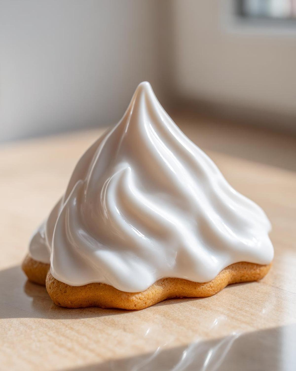 Close-up of a perfectly piped, glossy white sugar cookie icing recipe swirl atop a golden sugar cookie.