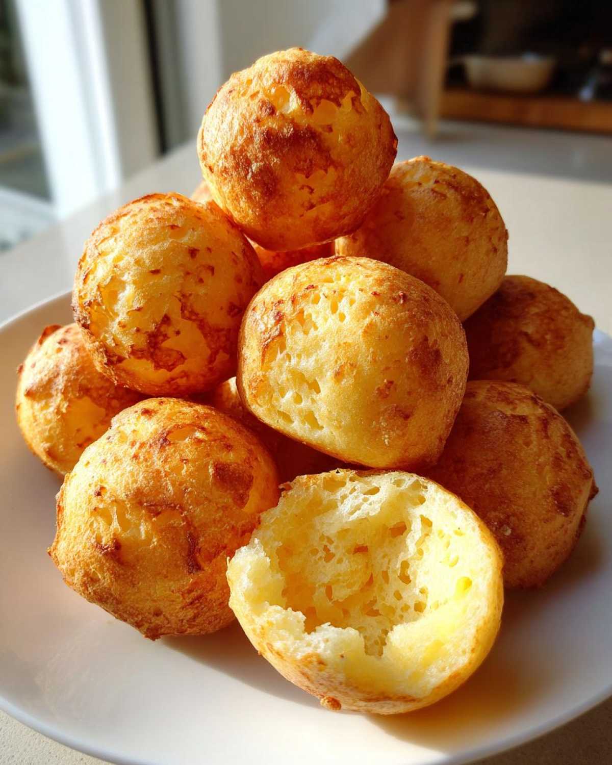 A stack of freshly baked, golden brown brazilian cheese bread, one broken open showing the airy interior.