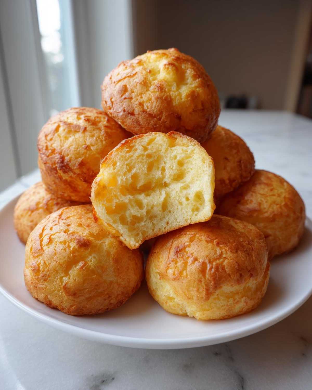 A stack of golden brown brazilian cheese bread rolls, one cut in half showing the airy, chewy interior.