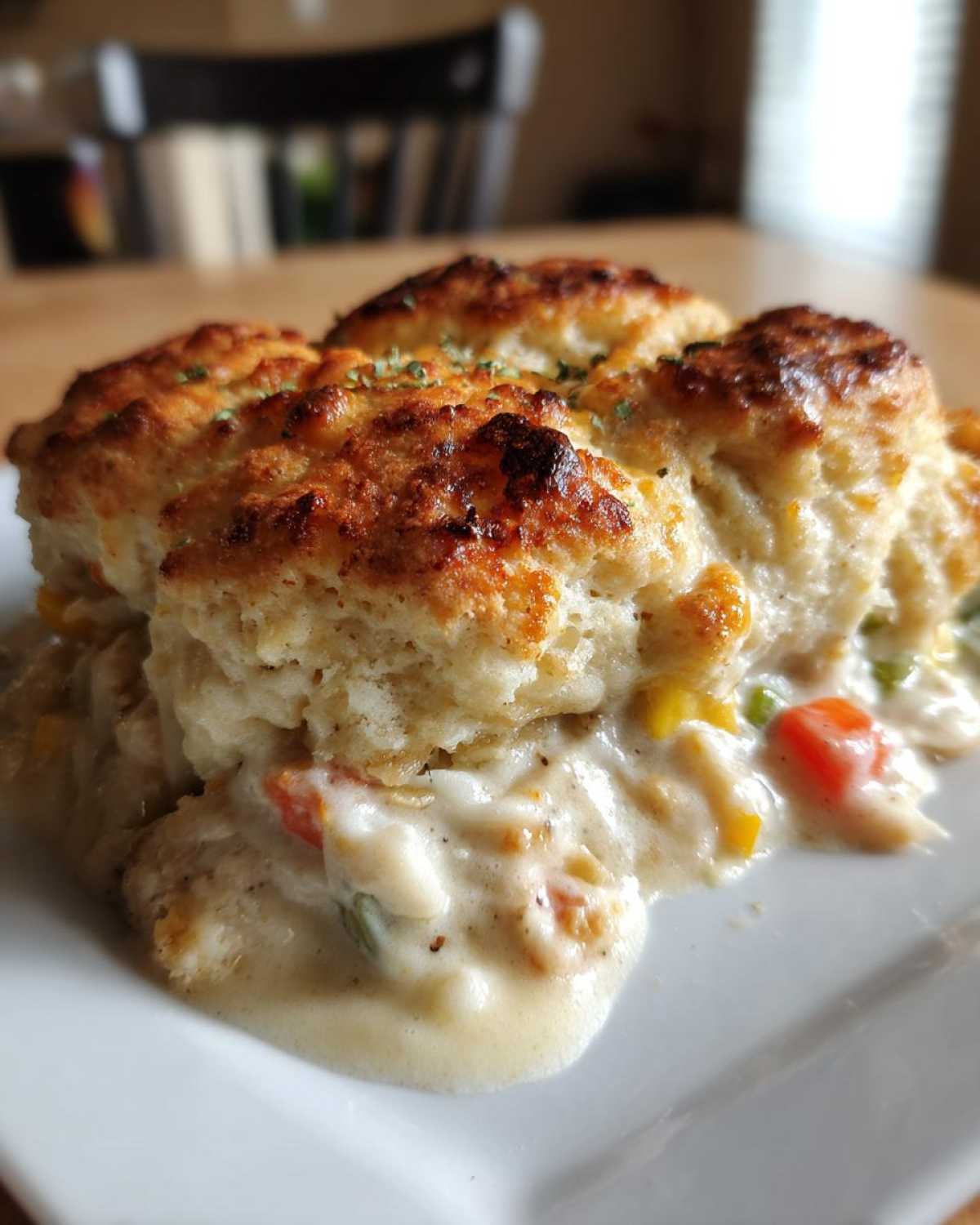 Close-up of a serving of creamy chicken cobbler with golden biscuit topping spilling onto a white plate.