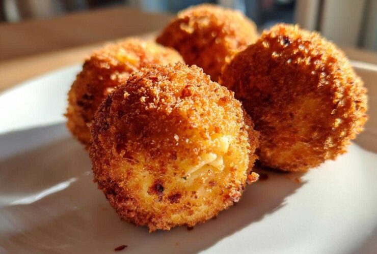 Close-up of four golden brown, crispy fried rice balls resting on a white plate in bright sunlight.