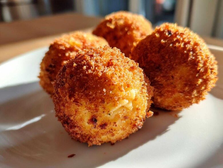 Close-up of four golden brown, crispy fried rice balls resting on a white plate in bright sunlight.