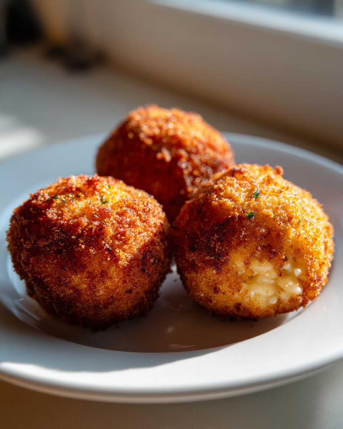 Three golden brown, crispy fried rice balls served on a white plate, one showing the cheesy rice interior.