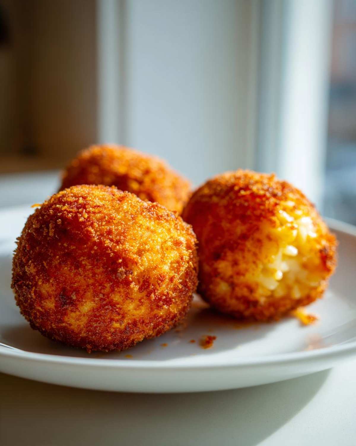 Three golden brown, crispy fried rice balls served on a white plate, one slightly broken showing the rice inside.