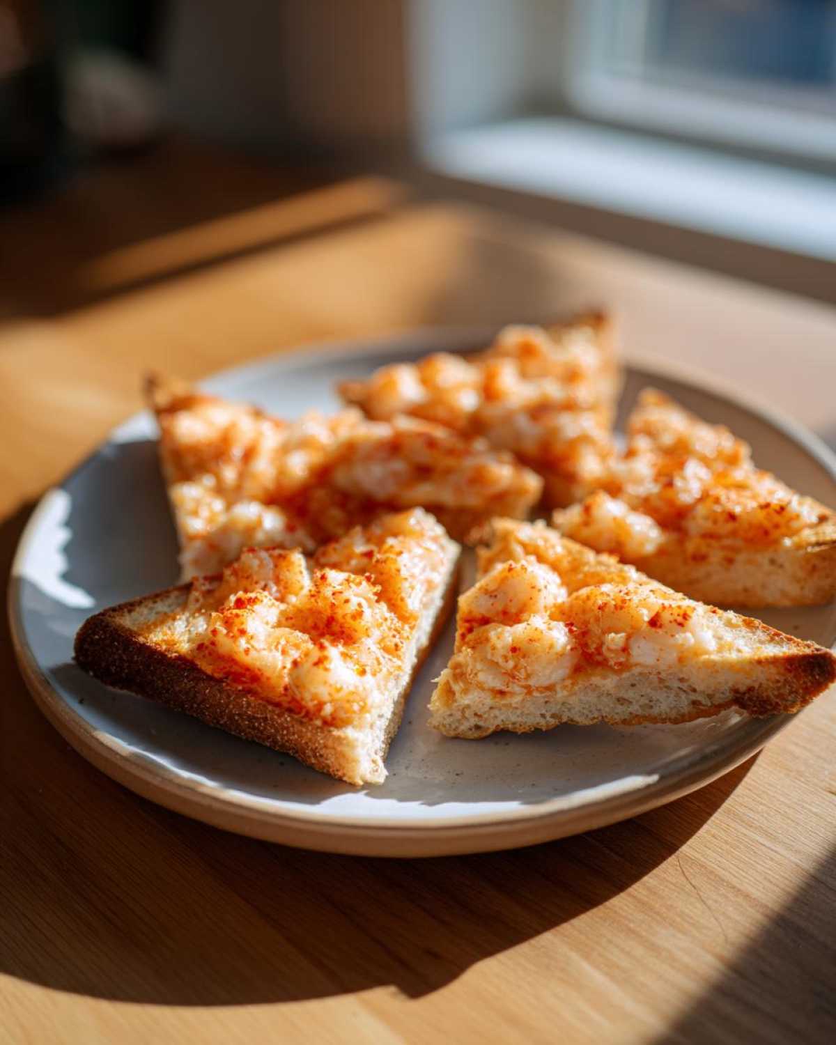 Four triangular pieces of golden brown shrimp toast topped with creamy shrimp mixture, served on a light plate.