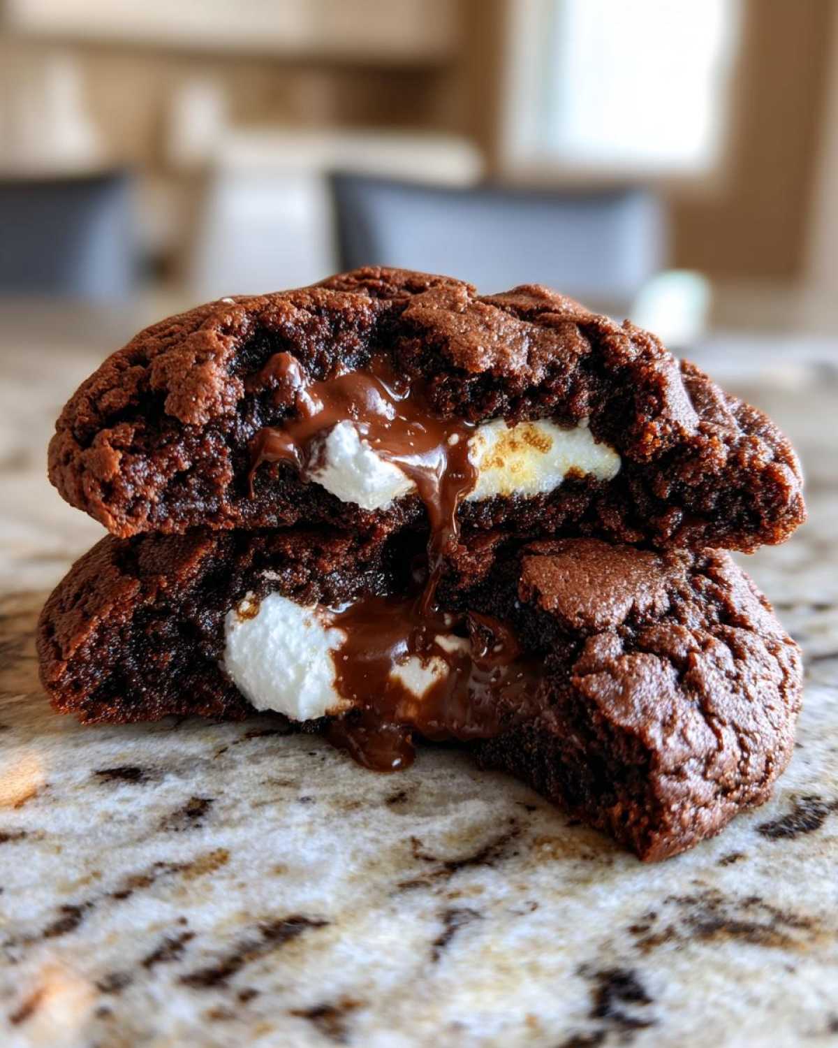 A rich, dark chocolate hot chocolate cookies cut in half showing melted chocolate and marshmallow filling.