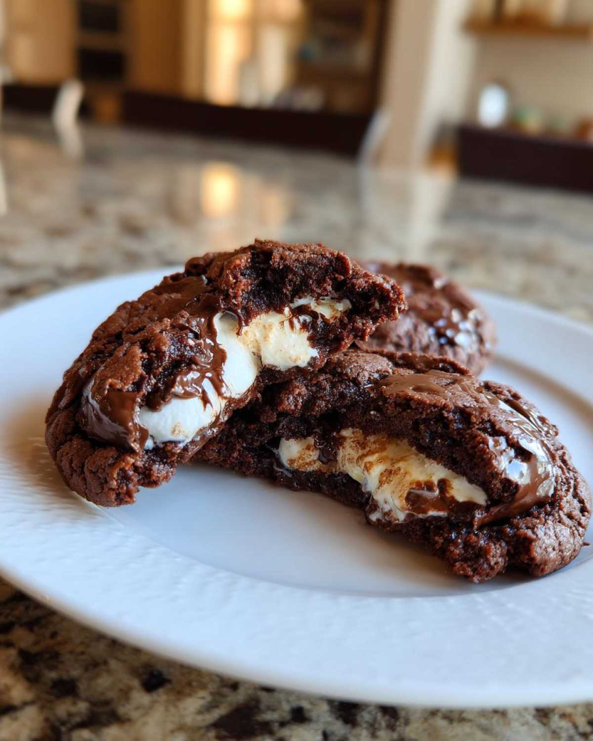 Close up of a rich, dark hot chocolate cookie broken in half, revealing a melted marshmallow center.