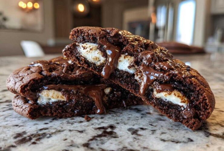 Cross-section of rich, dark hot chocolate cookies oozing melted chocolate and marshmallow filling.