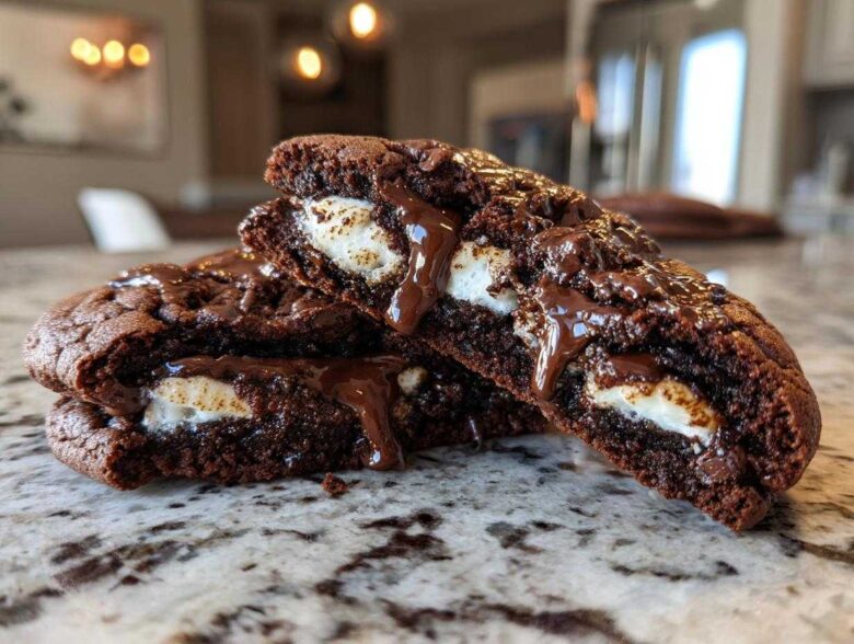 Cross-section of rich, dark hot chocolate cookies oozing melted chocolate and marshmallow filling.