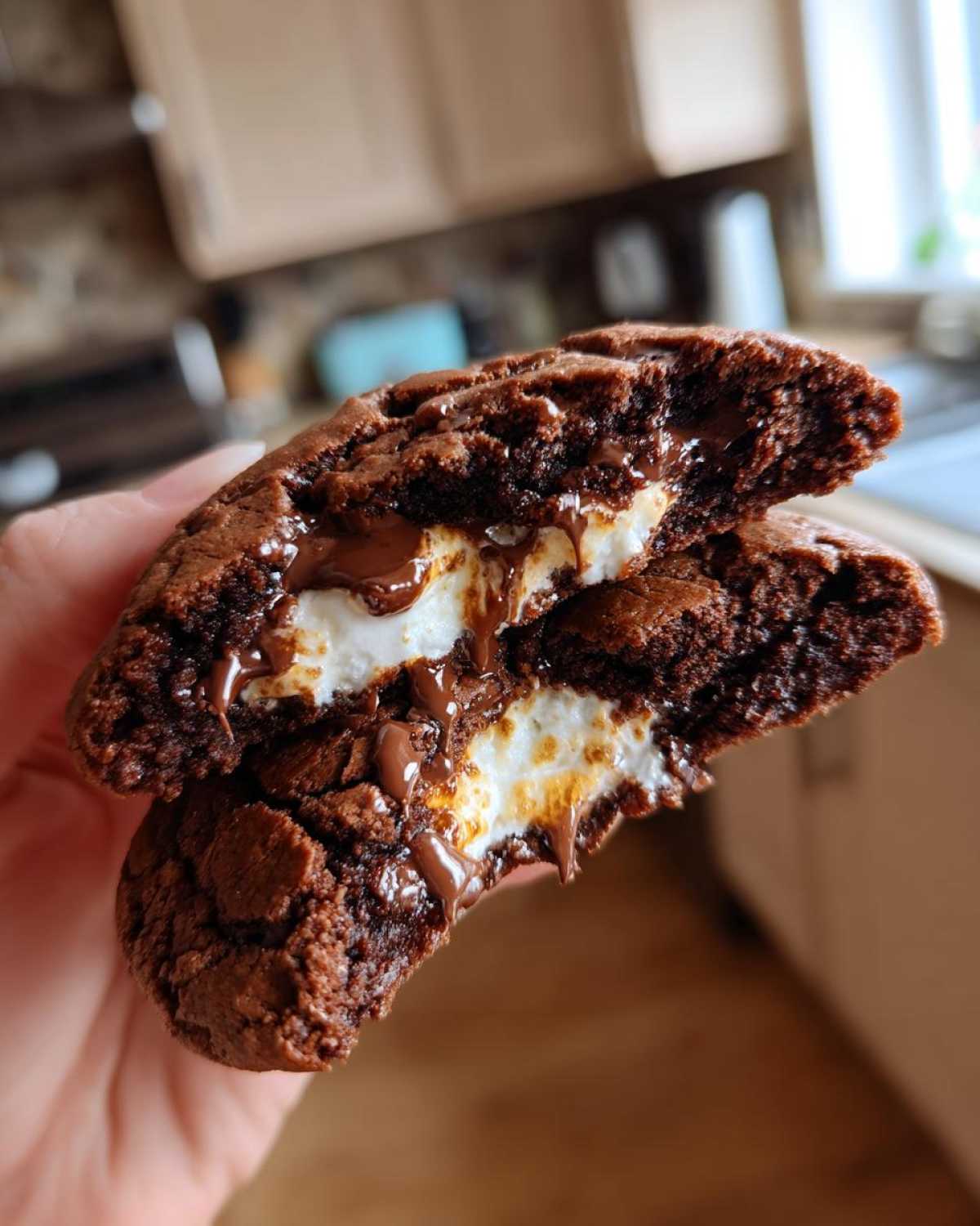 Close-up of a rich, dark hot chocolate cookies split open revealing melted chocolate and marshmallow filling.