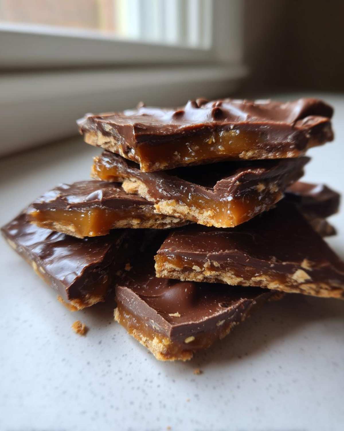 Close-up of stacked pieces of homemade graham cracker toffee showing the chocolate top and caramel layer.