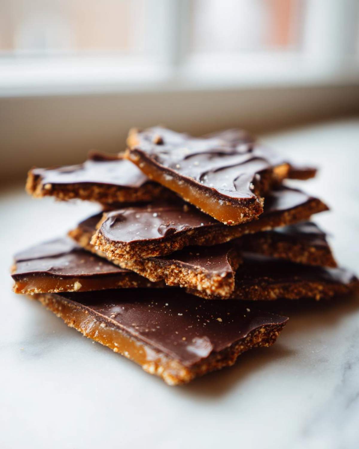 A stack of broken pieces of rich graham cracker toffee topped with dark chocolate and sea salt.