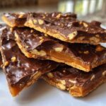 A stack of rich graham cracker toffee bars showing layers of chocolate, gooey caramel, and crunchy crackers.