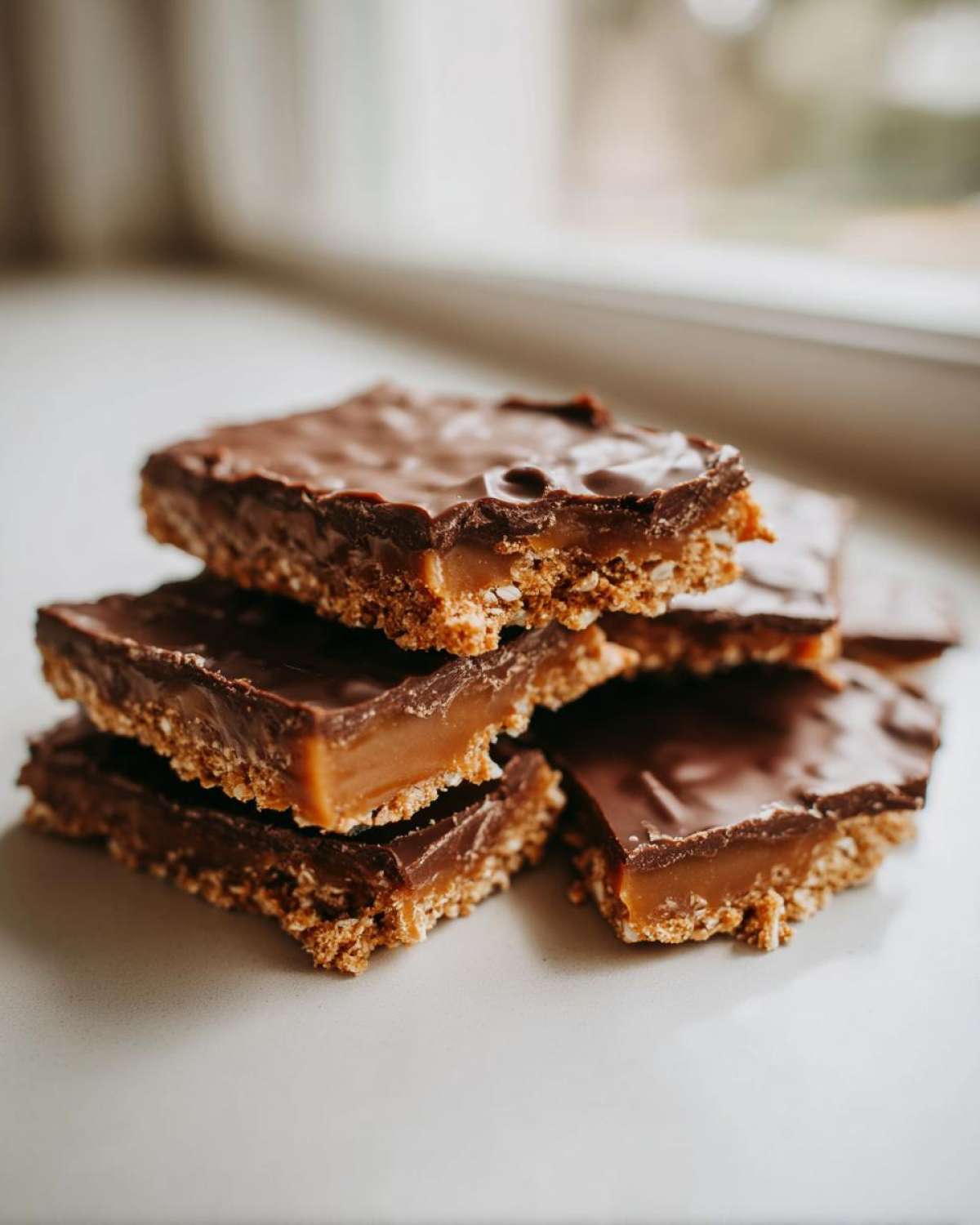 Close-up of stacked graham cracker toffee bars with a thick caramel layer and chocolate topping.