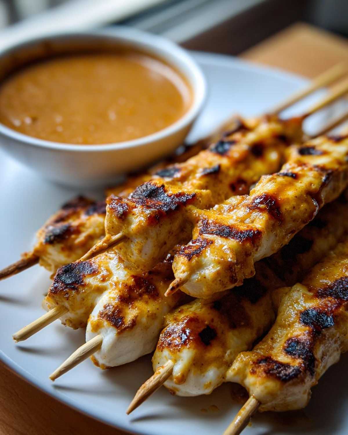 Close-up of grilled chicken satay skewers with char marks served next to a small bowl of peanut dipping sauce.