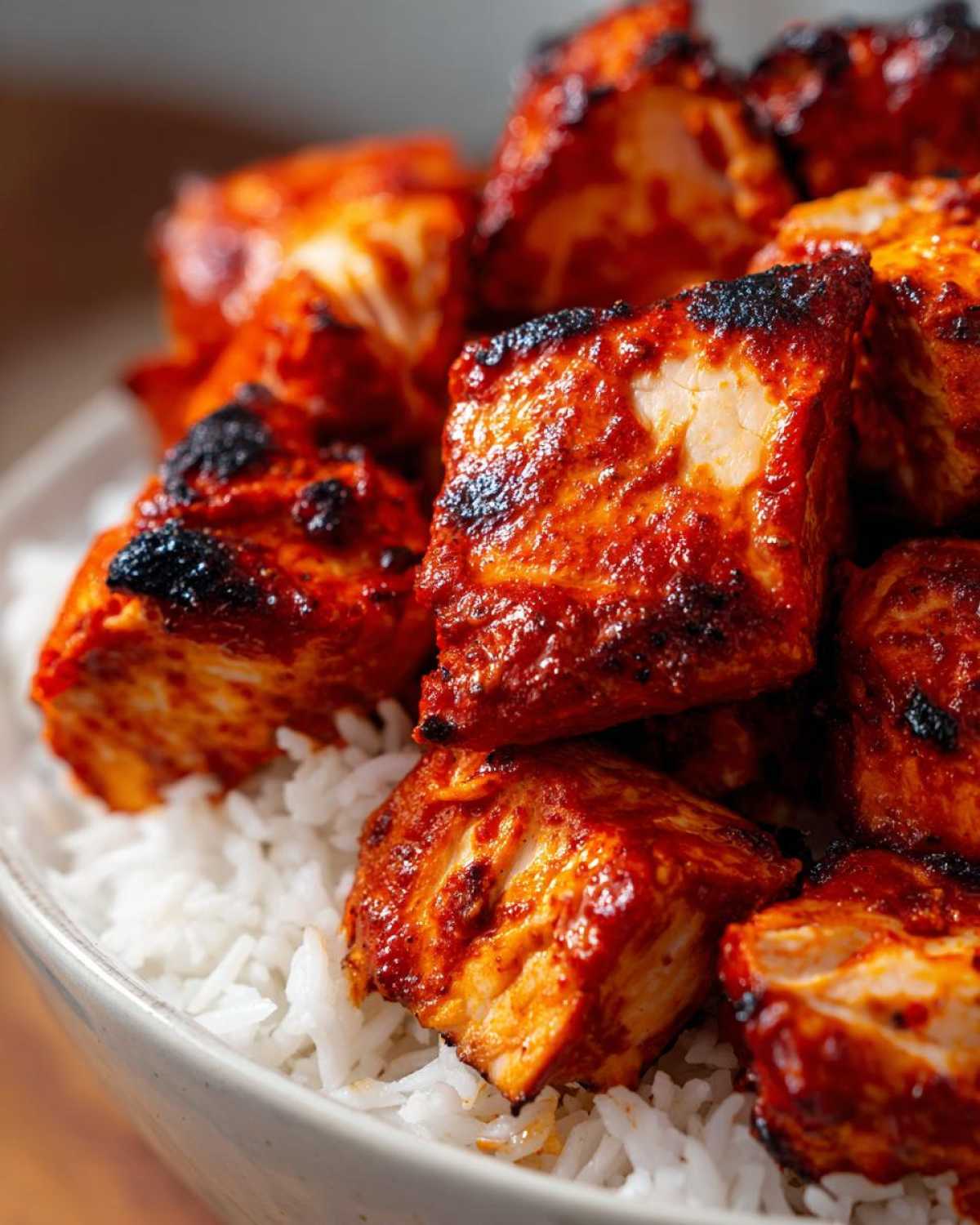 Close-up of bright red, charred cubes of harissa chicken served over a bed of fluffy white rice.