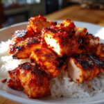Close-up of bright red, glazed harissa chicken pieces piled on a bed of fluffy white rice.