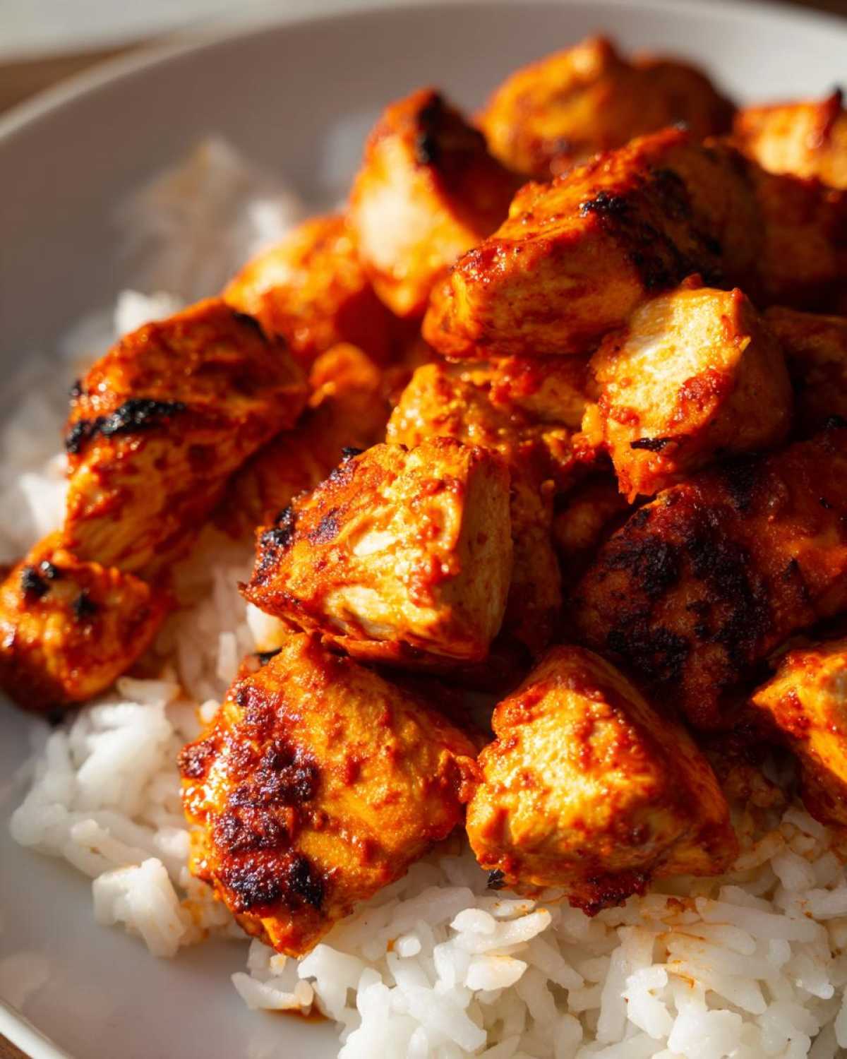 Close-up of bright orange, slightly charred harissa chicken pieces served atop fluffy white rice.