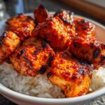 Close-up of charred, vibrant red harissa chicken pieces served over fluffy white rice in a white bowl.