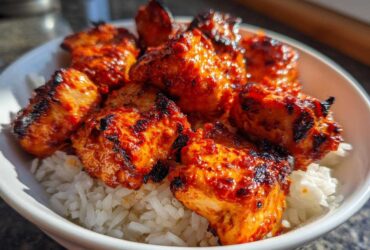 Close-up of charred, vibrant red harissa chicken pieces served over fluffy white rice in a white bowl.